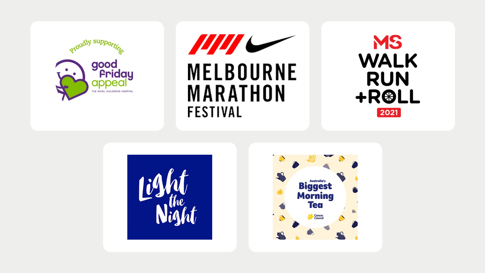 Logos of the community fundraising events we analysed: Good Friday Appeal, Melbourne Marathon Festival, MS Walk Run + Roll, Light the Night and Australia’s Biggest Morning Tea
