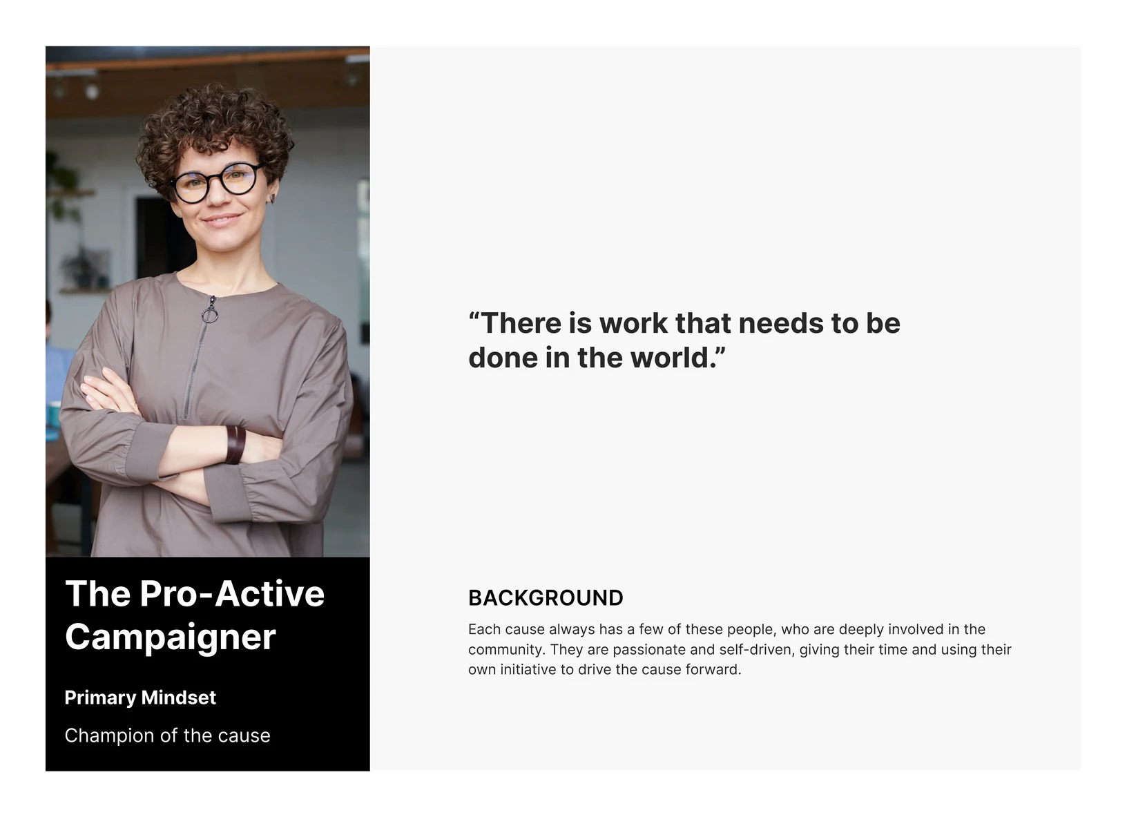 Persona card for The Pro-Active Campaigner, primary mindset Champion of the cause, with the quote “There is work that needs to be done in the world.”