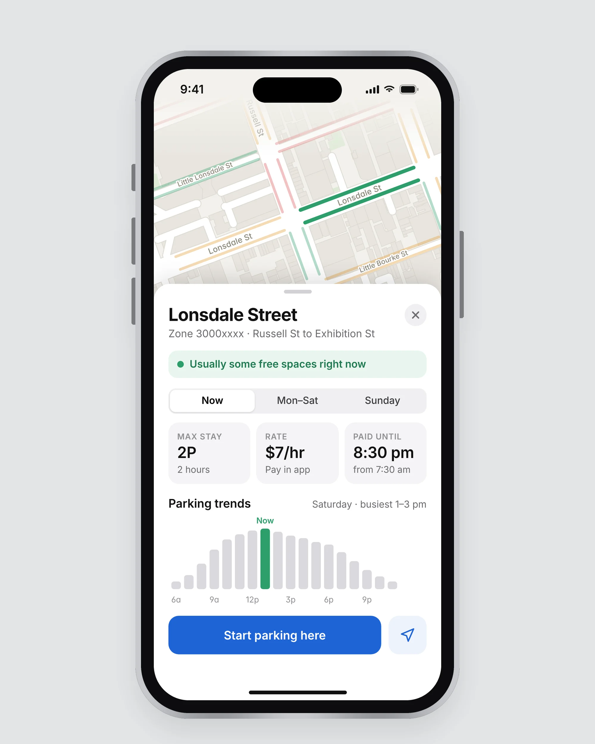 The redesigned zone details: Lonsdale Street’s kerbs coloured by availability, and a bottom sheet showing the 2P limit, $7 hourly rate, paid hours, a parking trends chart and a Start parking here button