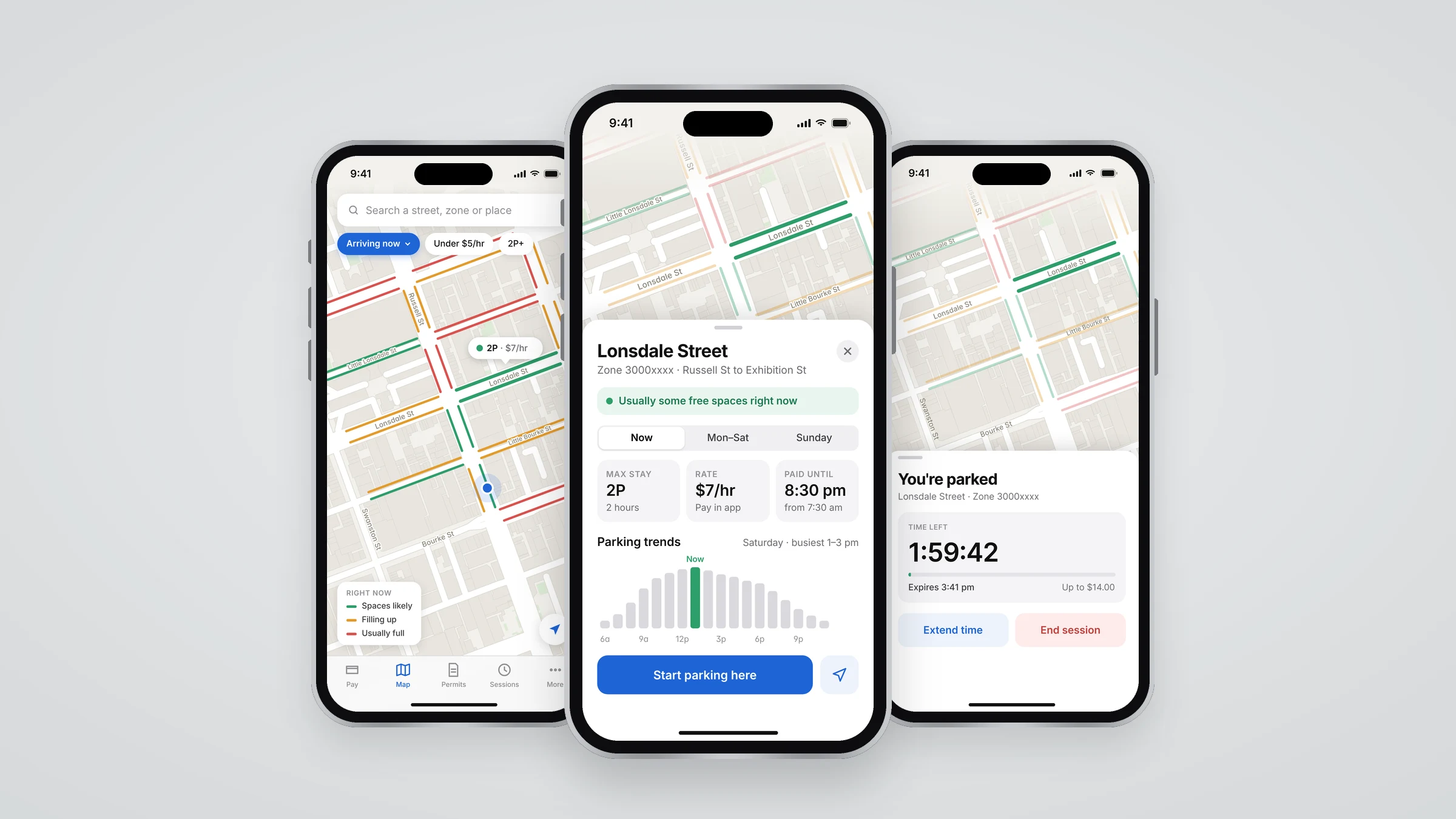 Three iPhones showing the redesigned PayStay app: the parking map, a street's zone details, and an active parking session