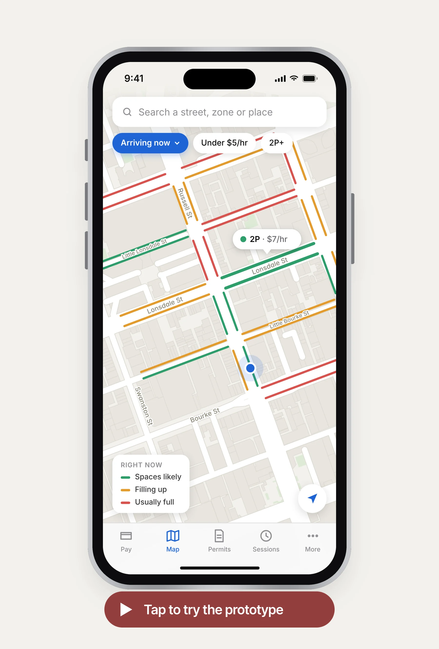 The redesigned PayStay map screen in an iPhone, with a button to try the clickable Figma prototype