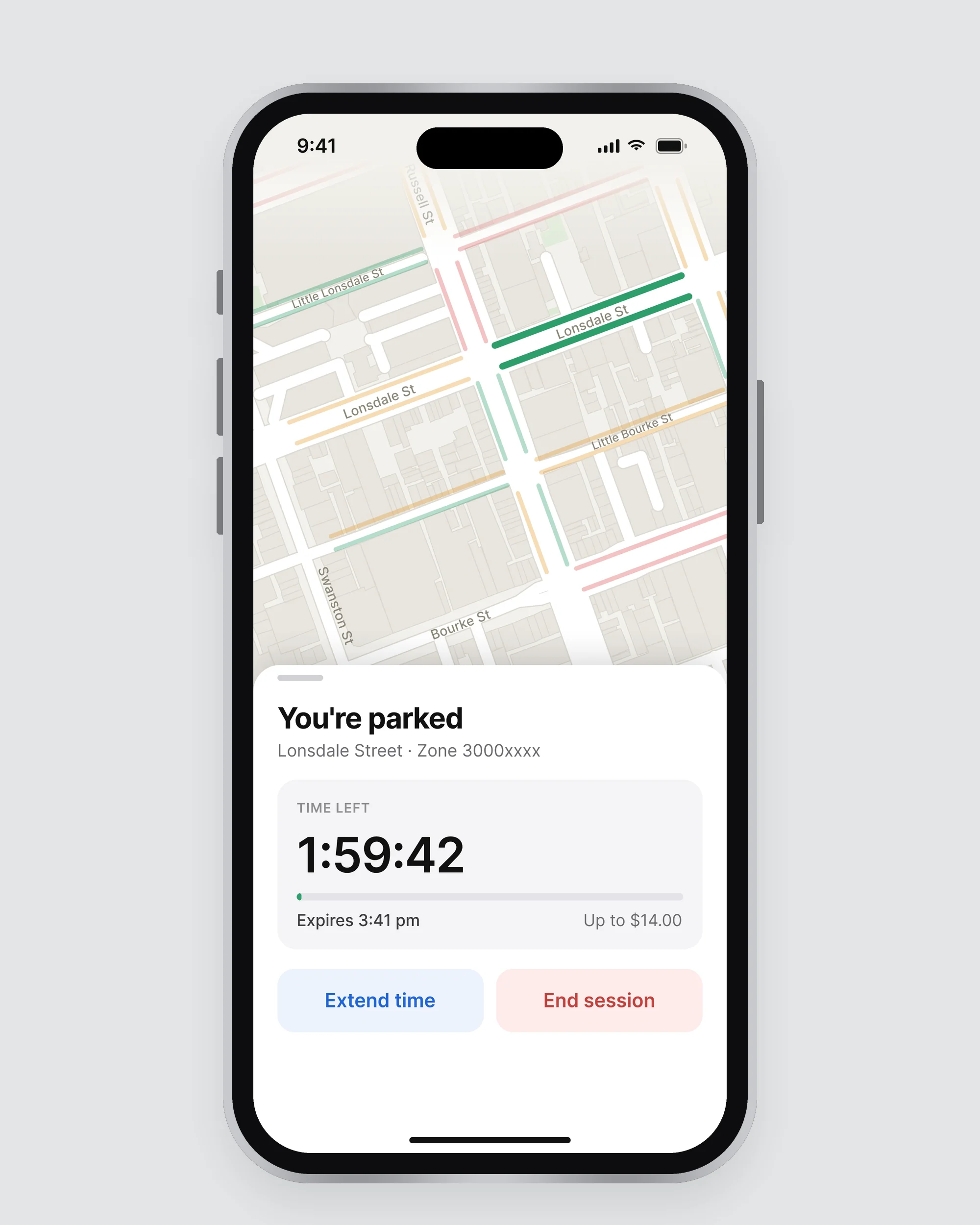 The redesigned parking session screen: a bottom sheet over the map reading You’re parked on Lonsdale Street, with a 1:59:42 countdown, an expiry time of 3:41 pm, and Extend time and End session buttons