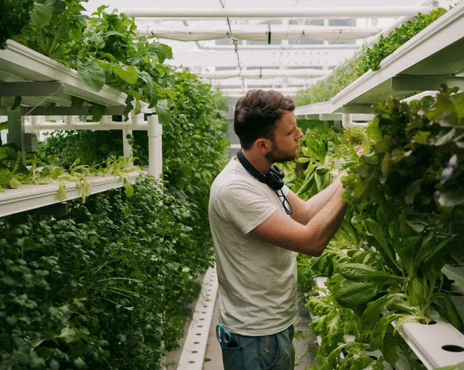 A grower tending rows of leafy greens in a vertical hydroponic farm
